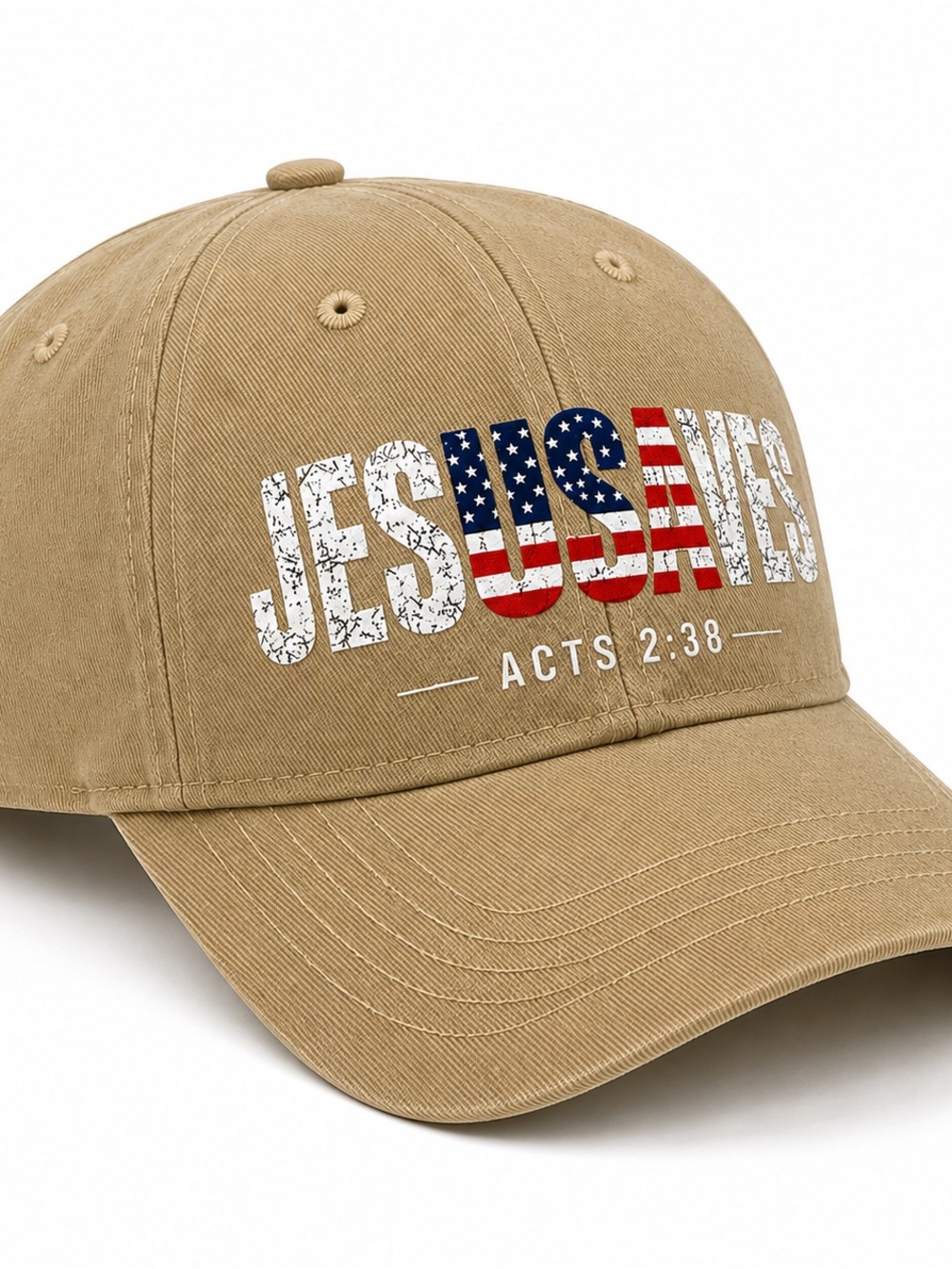Khaki "Jesus USa Saves " Baseball Cap with American Flag Accent